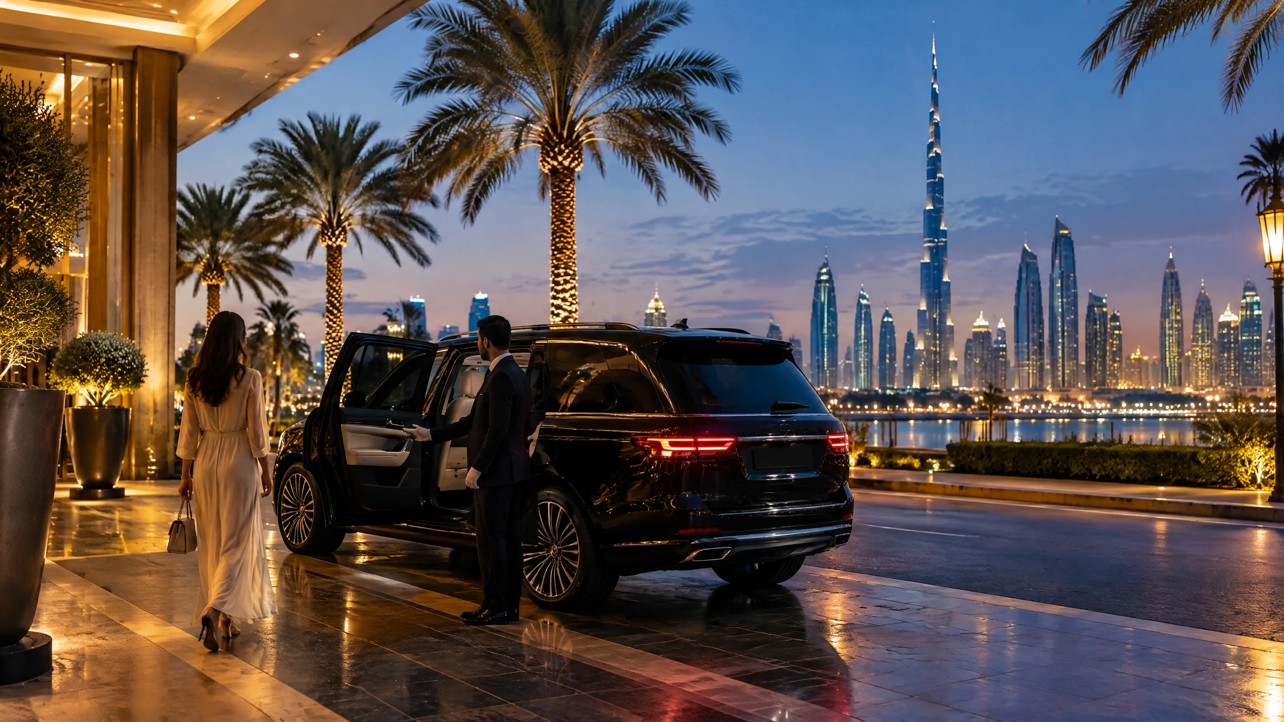 Dubai'de lüks otel girişinde özel şoförlü araçla karşılama