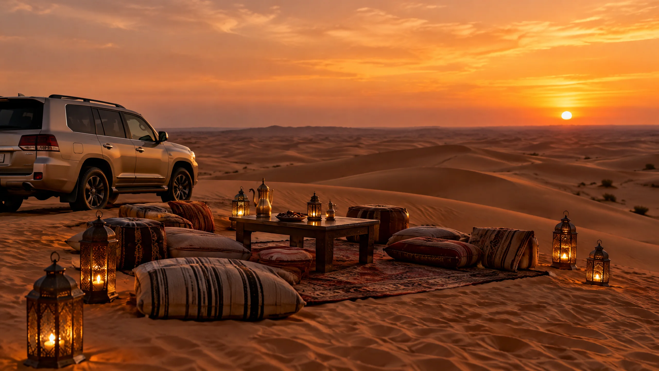 Dubai çölünde gün batımında özel oturma alanı ve safari aracı