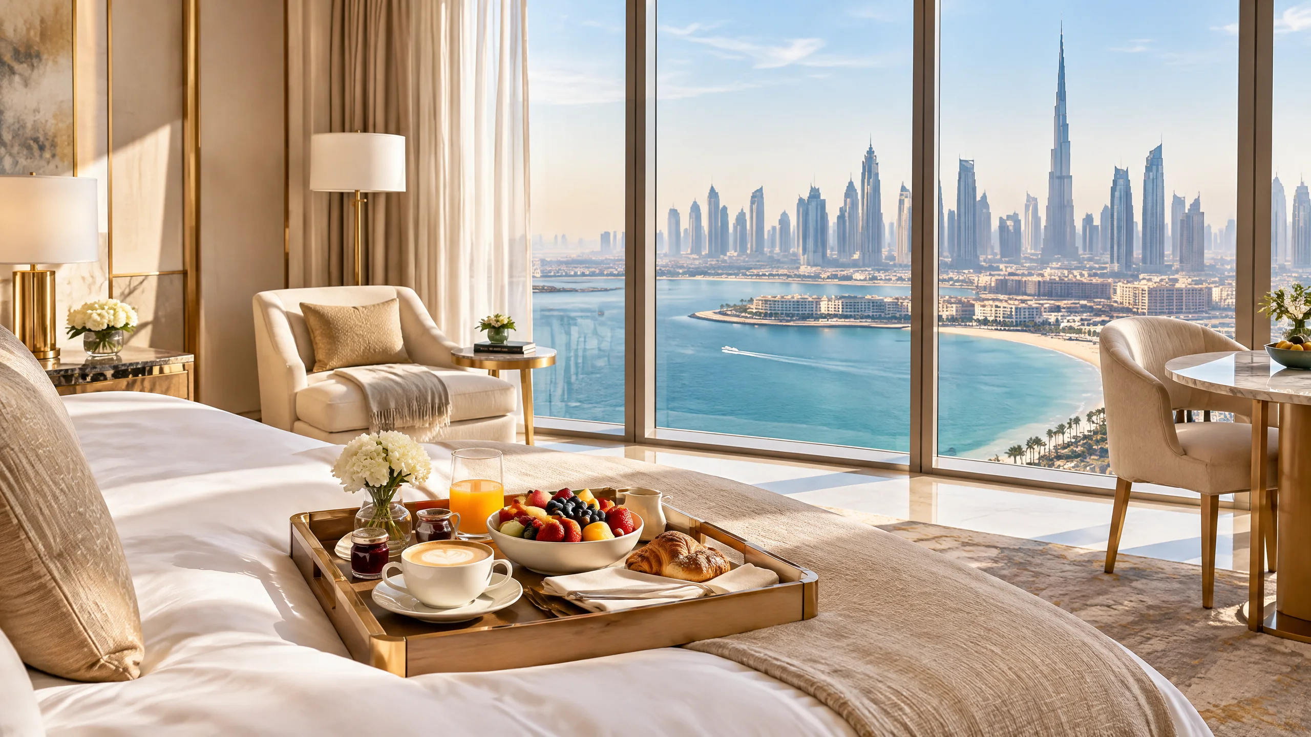Dubai silüetine bakan seçkin bir suite'te deniz manzaralı sabah