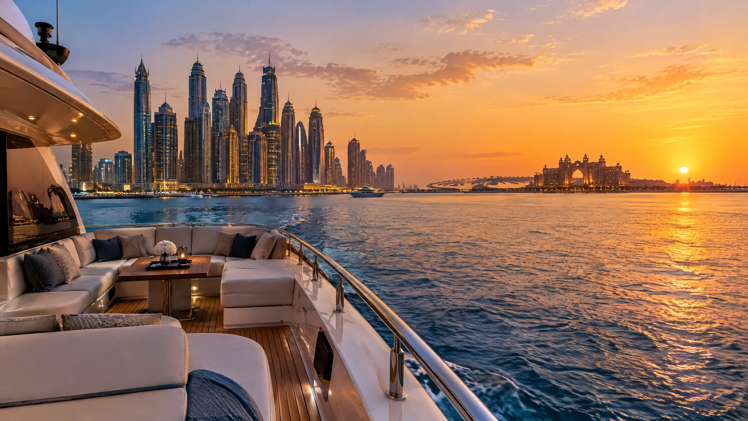 Dubai Marina ve Palm Jumeirah manzaralı özel yat gün batımı
